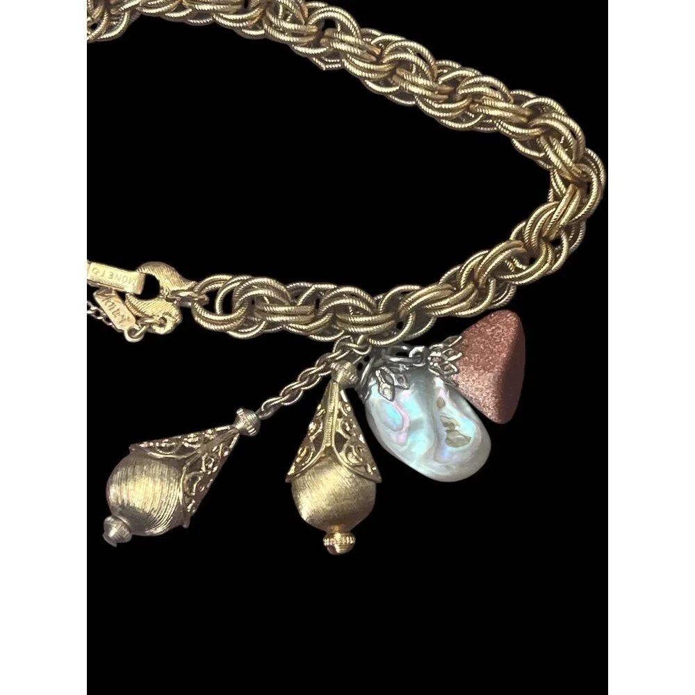 Vintage Monet Gold-Plated Charm Bracelet With Pearl & Textured Accents - Picture 3 of 4